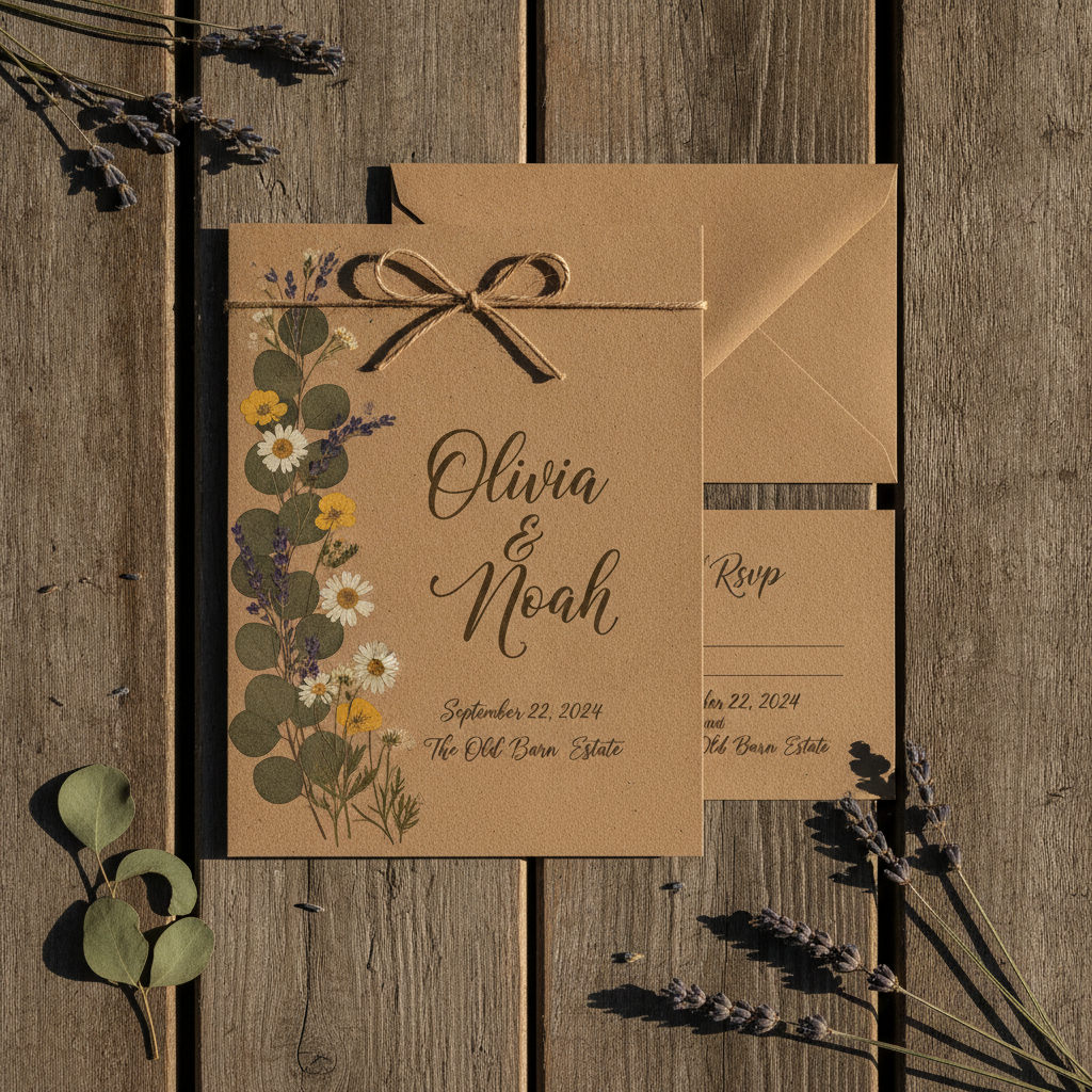 Rustic AI wedding invitation on kraft paper with pressed eucalyptus and hand-lettered script