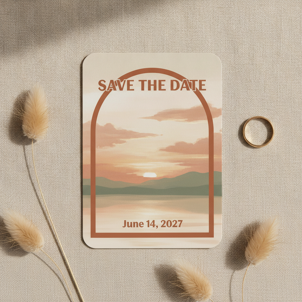 AI generated save the date card with arched sunset photo frame and terracotta and sage palette