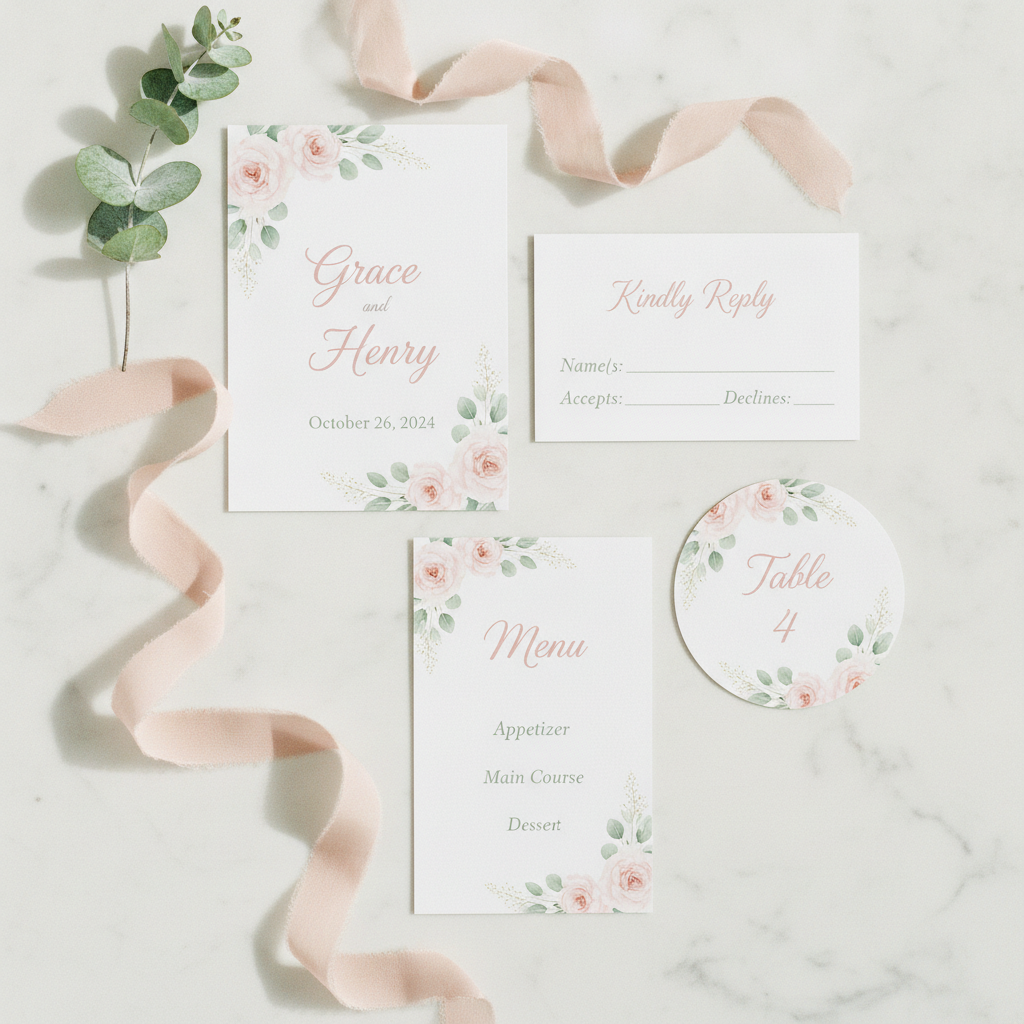 Matching AI wedding stationery suite with invitation, RSVP card, menu and table number in one floral design