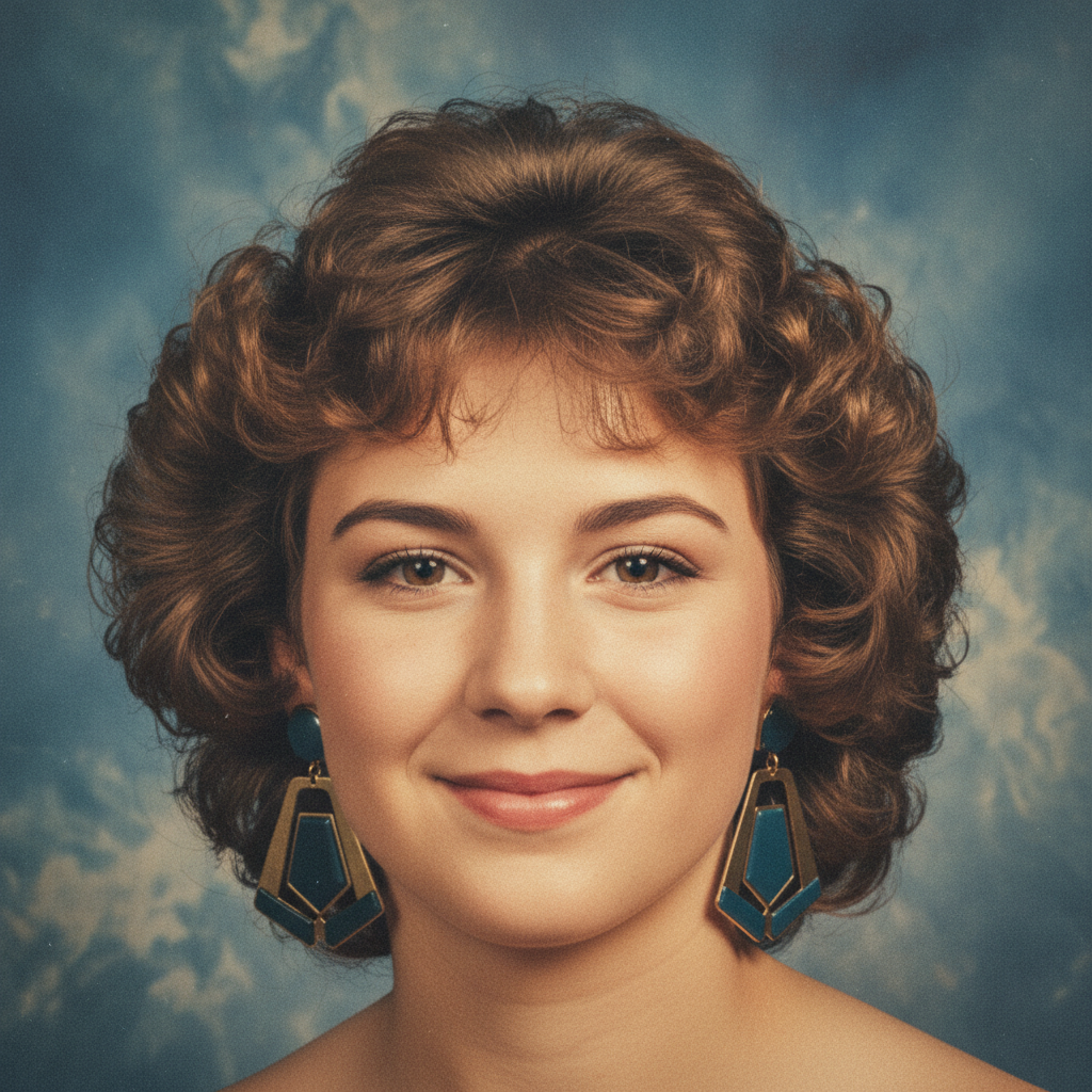 AI yearbook photo result — permed curls with retro earrings on a blue marbled backdrop