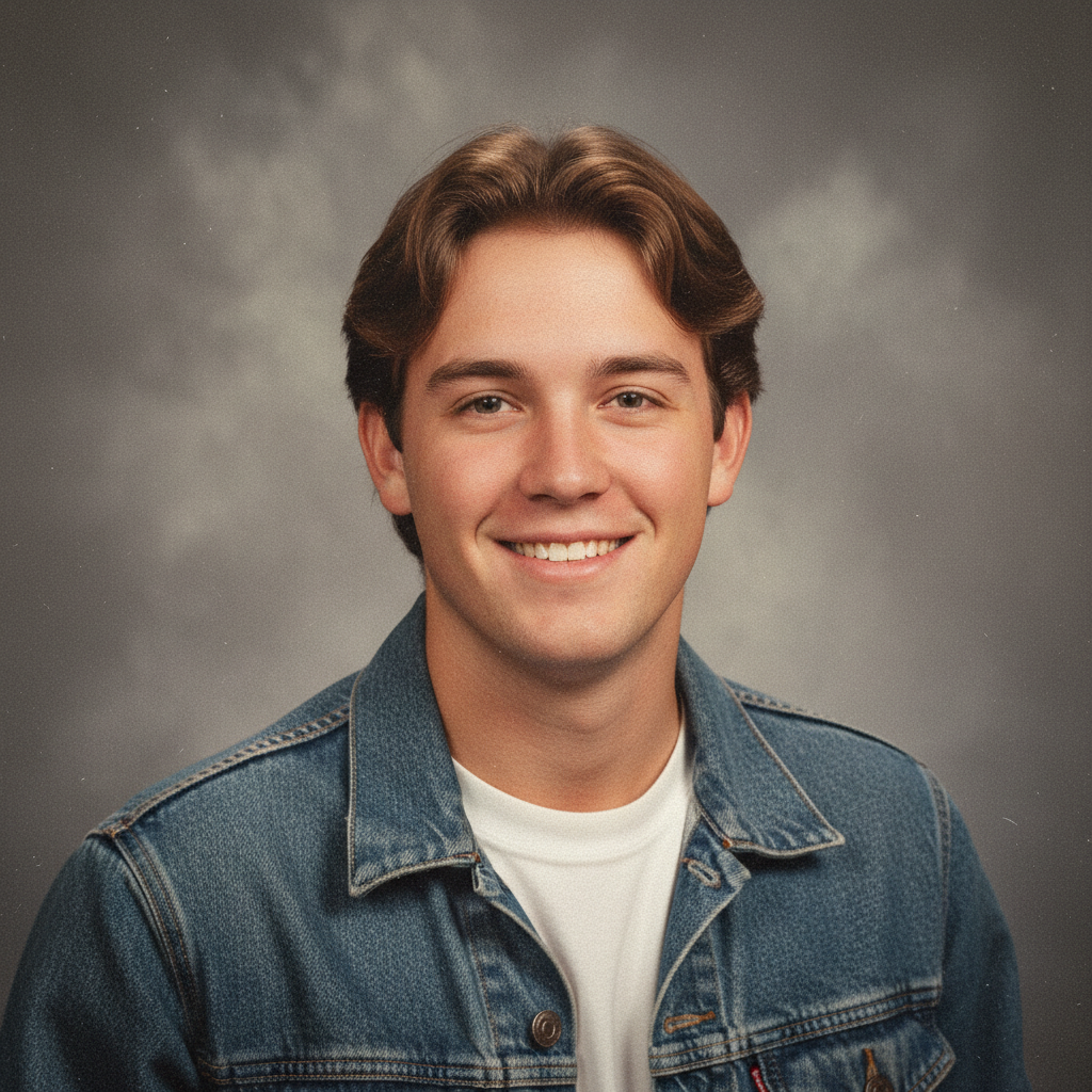 AI yearbook photo result — young man in a denim jacket on a mottled grey background