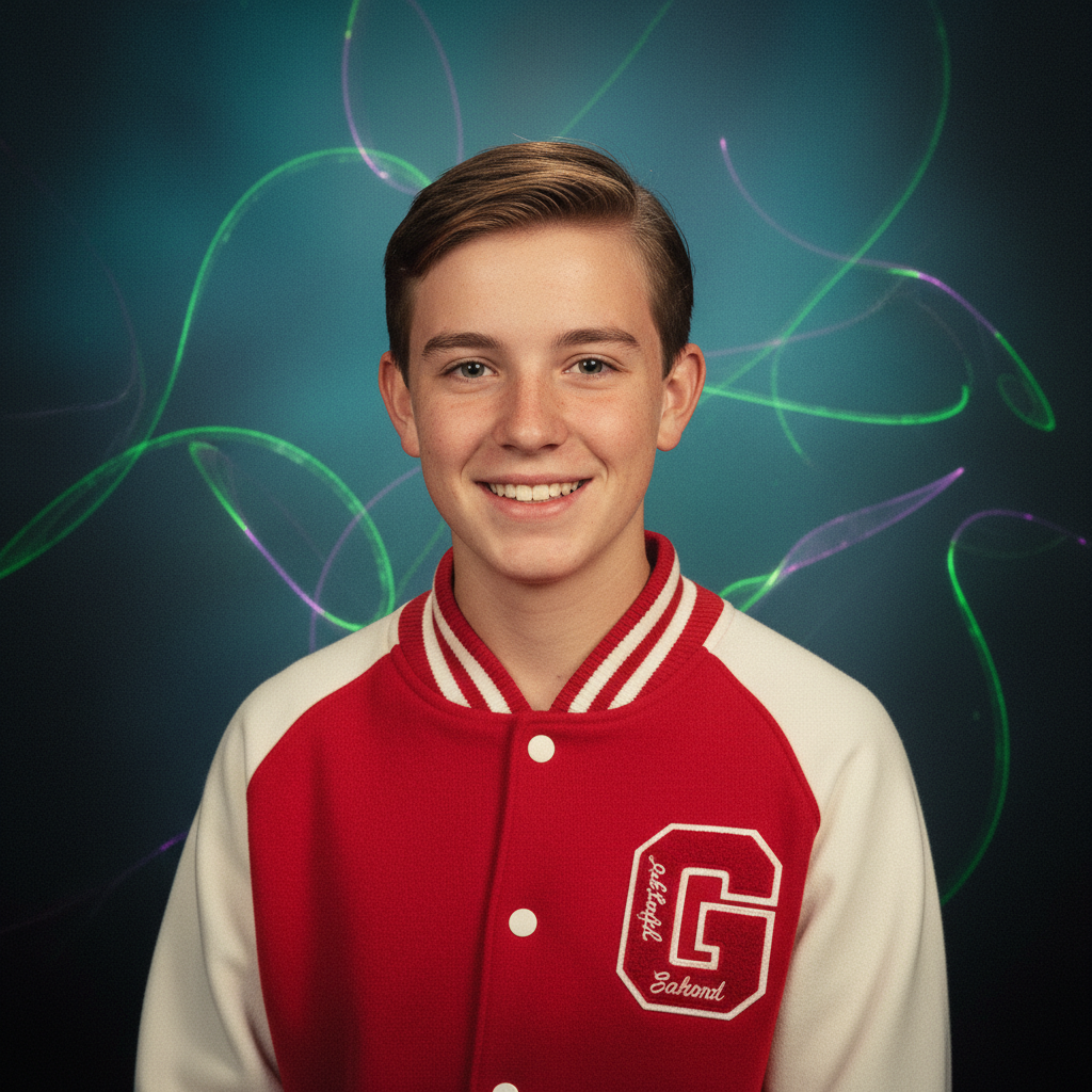 AI yearbook photo result — varsity sweater portrait on a teal laser backdrop