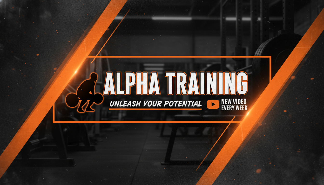 Bold fitness YouTube channel banner with a dark gym backdrop and high-contrast orange focal area in the safe zone