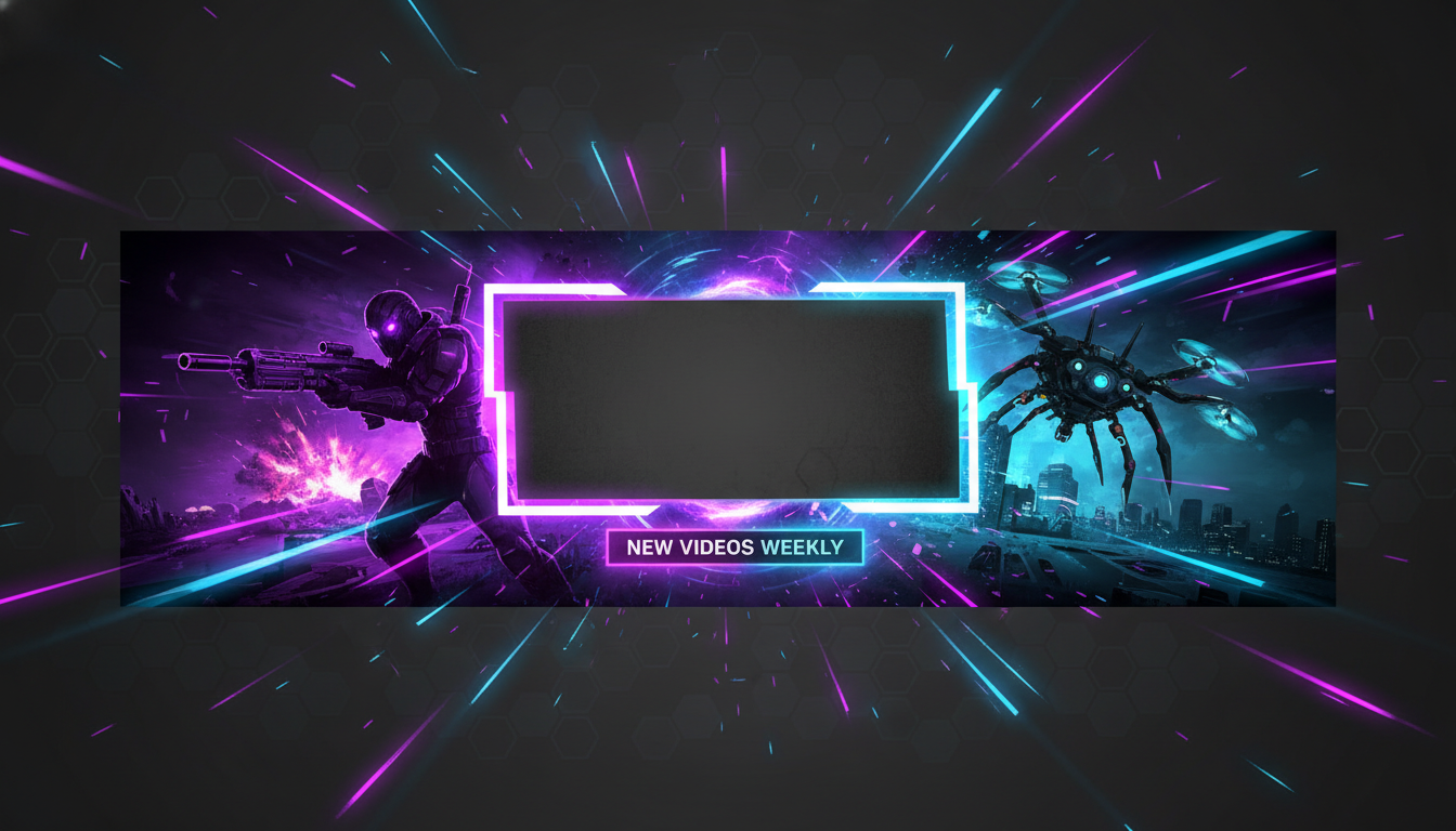 AI YouTube banner maker result — a wide gaming channel banner with neon purple and cyan accents and a centred safe-zone focal area