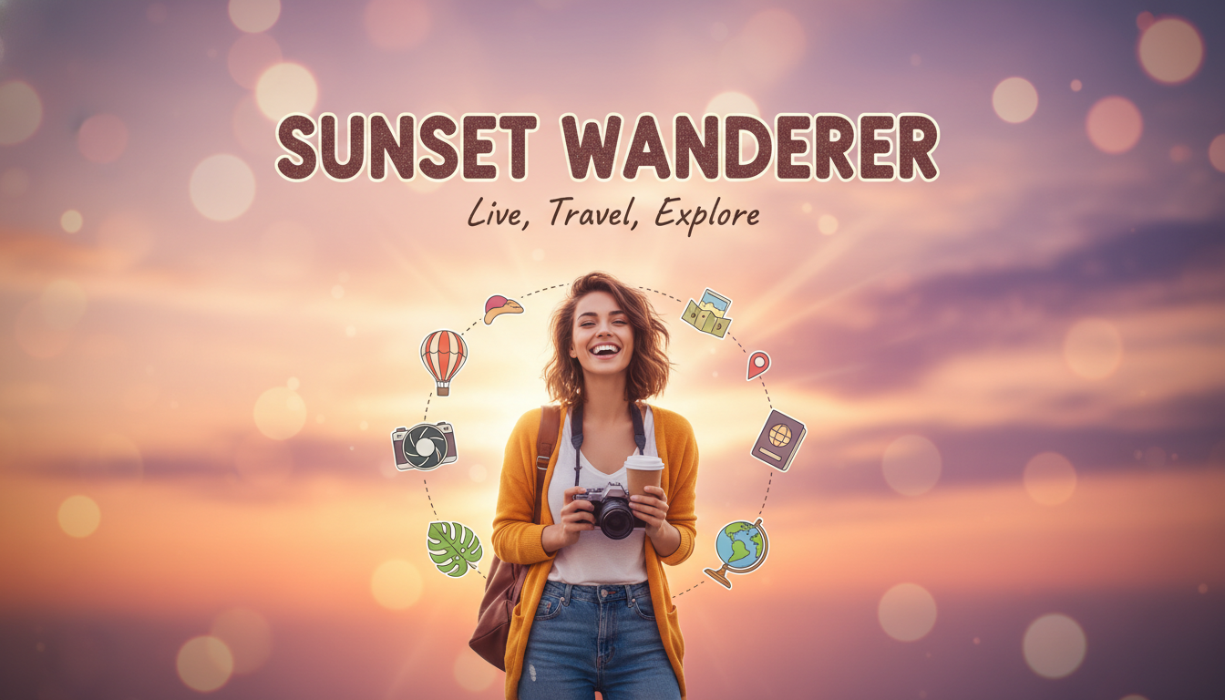Vibrant lifestyle vlog YouTube channel banner with a warm sunset gradient and a centred safe-zone subject area