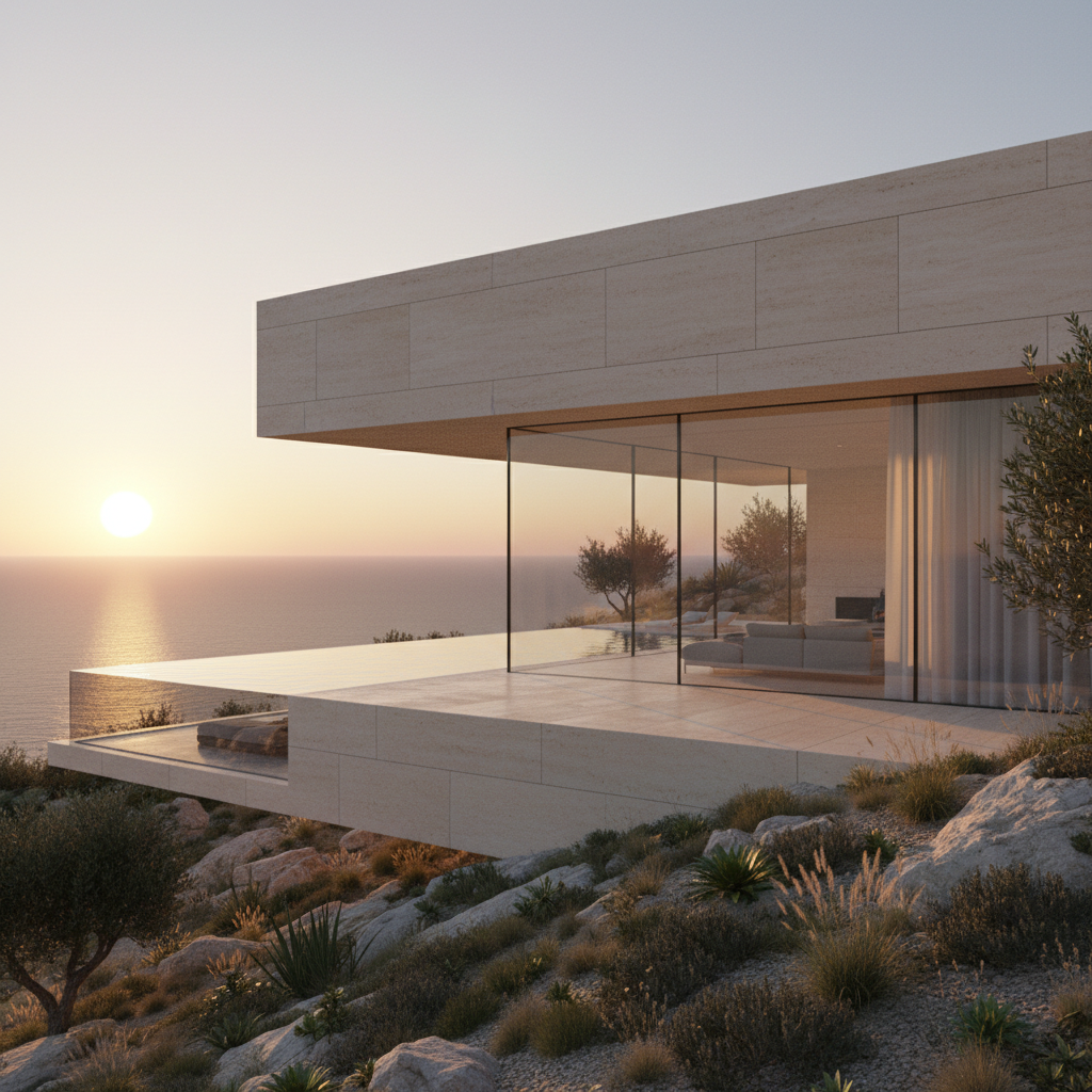AI architectural design render of a minimalist hillside luxury villa with cantilevered concrete volumes, glass walls and infinity pool at sunset