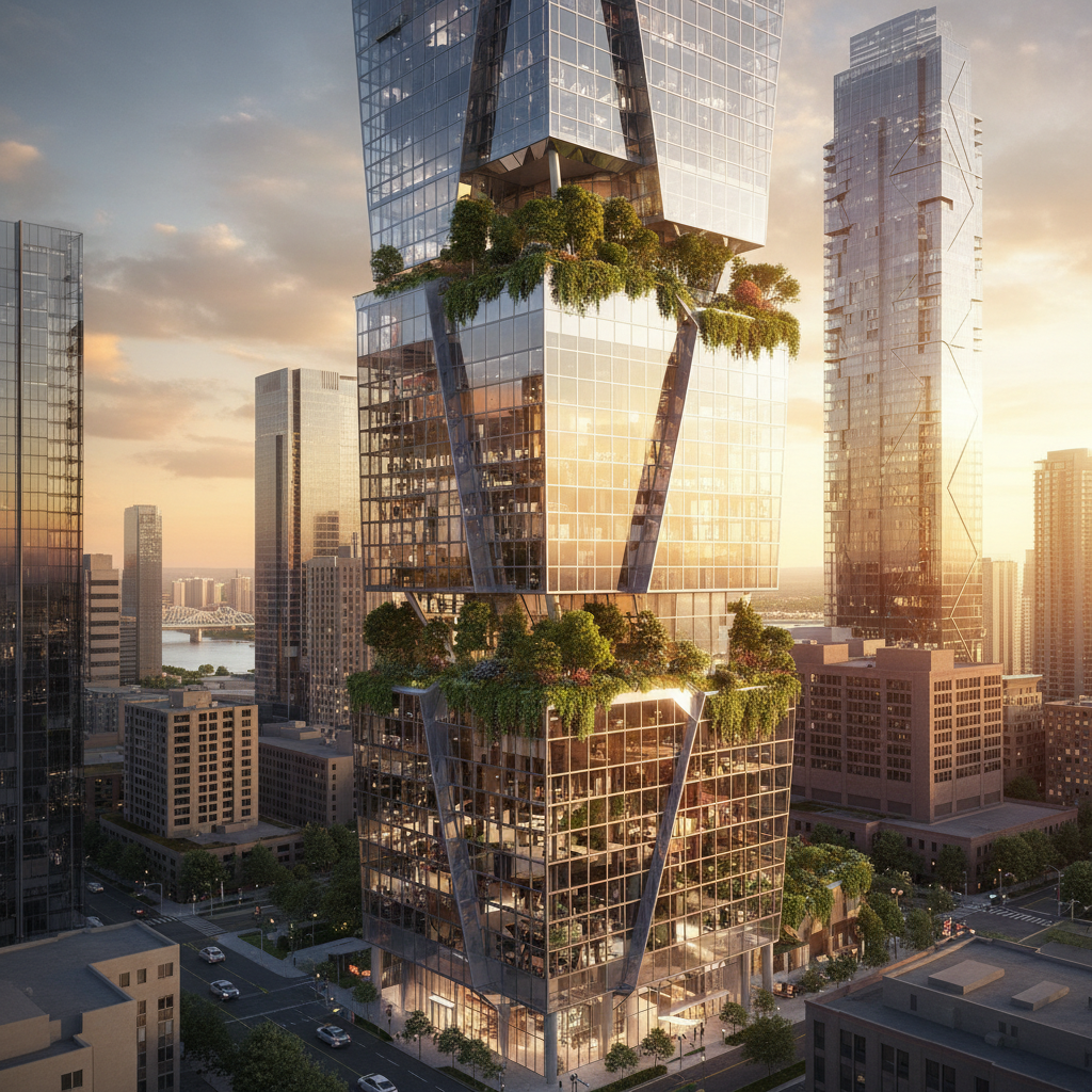 AI architectural design tool output of a modern glass skyscraper with cantilevered terraces and vertical gardens at golden hour, photorealistic 4K render