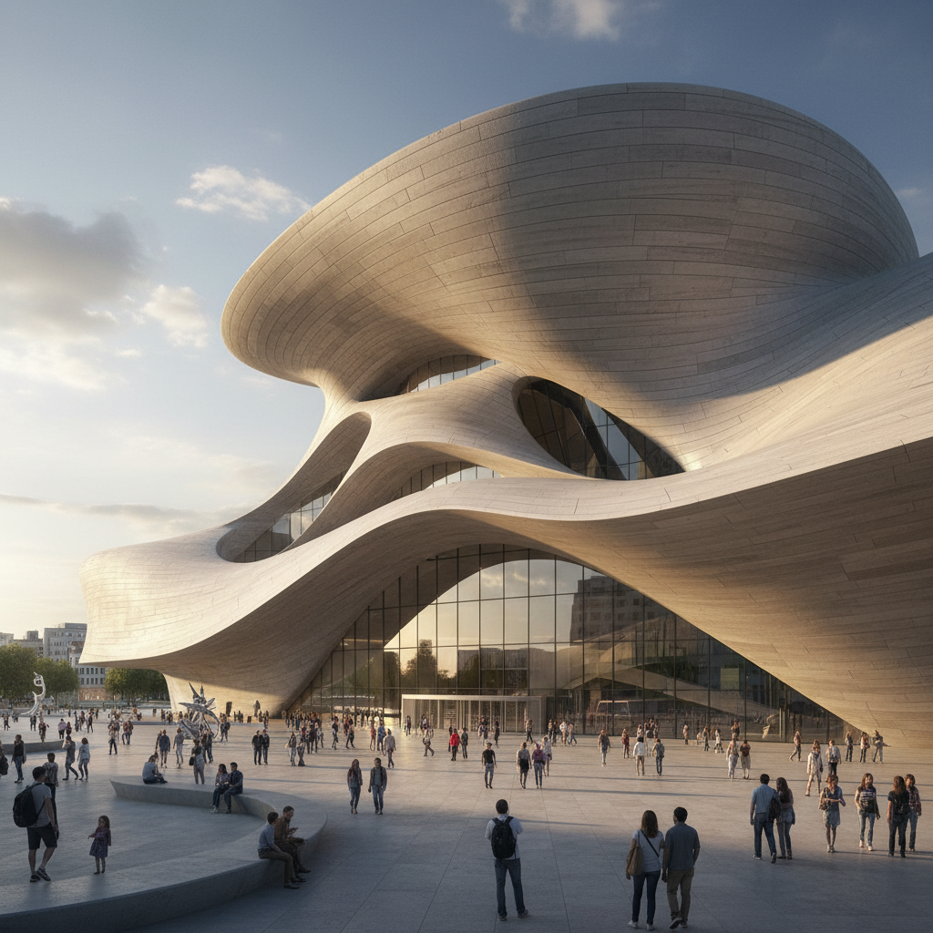 AI building design render of a parametric contemporary art museum with sculptural fluid concrete shell facade, modernist Zaha Hadid–inspired