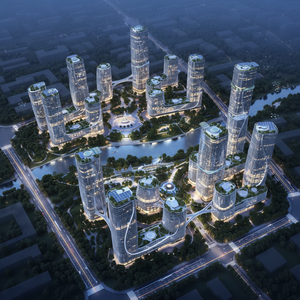 AI urban planning render of a futuristic smart city masterplan with green corridors, solar canopies and mixed-use towers at twilight