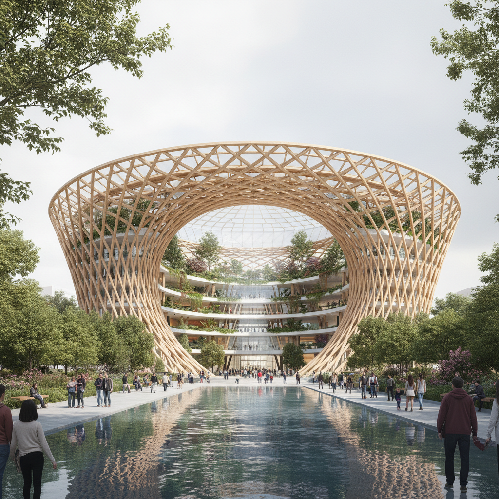 AI architectural visualization of a sustainable cultural center with timber-lattice facade and central atrium skylight, biophilic civic concept