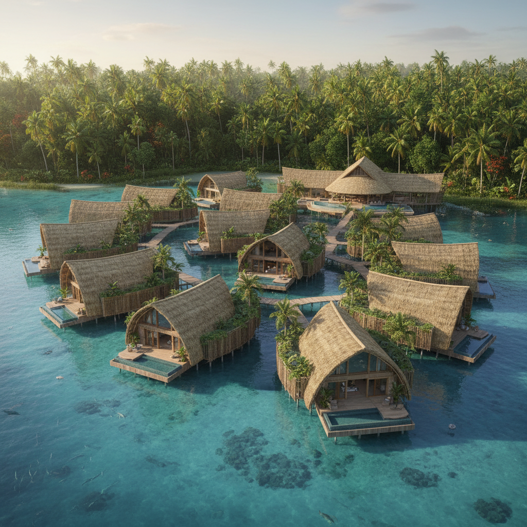 AI architectural visualization of a sustainable eco-resort with timber overwater villas in a turquoise lagoon, biophilic tropical design
