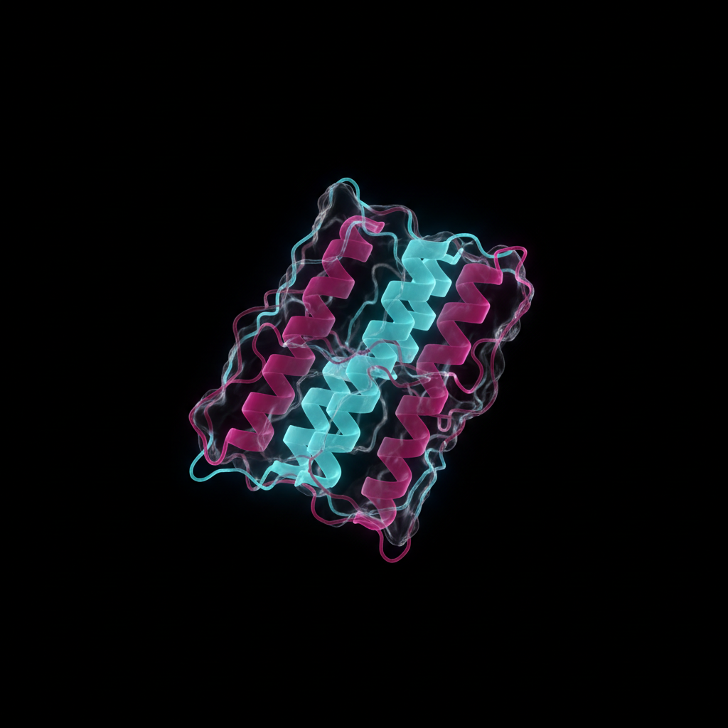 Scientific imaging AI render of a protein ribbon structure with glowing cyan and magenta helices floating in dark space