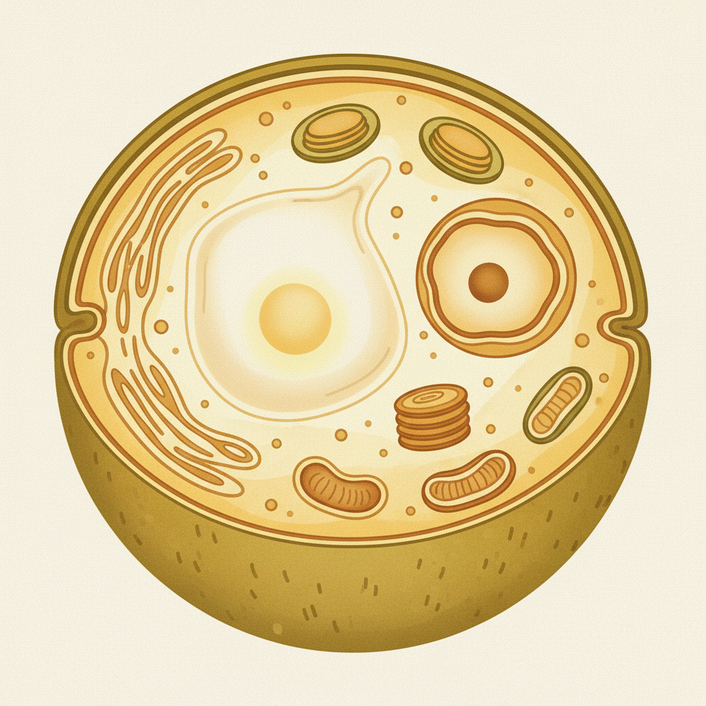Hand-painted textbook style cutaway illustration of a eukaryotic cell cross-section showing stylised organelles in ochre, green and cream