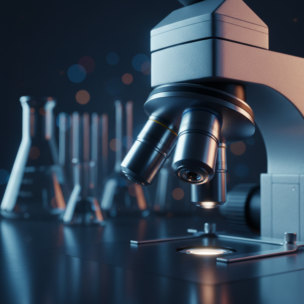 Cinematic macro photograph of a research microscope on a dark laboratory bench with blue key light and amber rim light