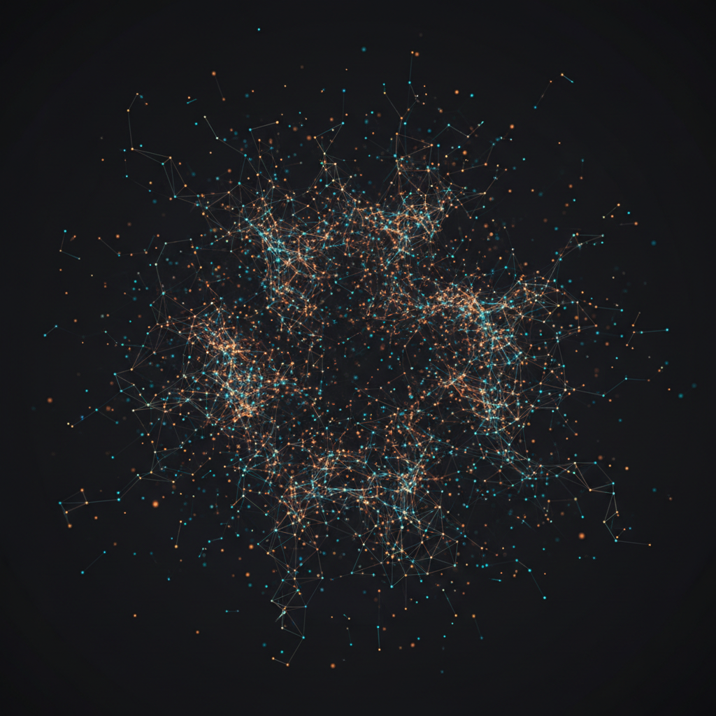 Automated AI imaging example — abstract network visualization of thousands of glowing amber and teal nodes linked by luminous filaments