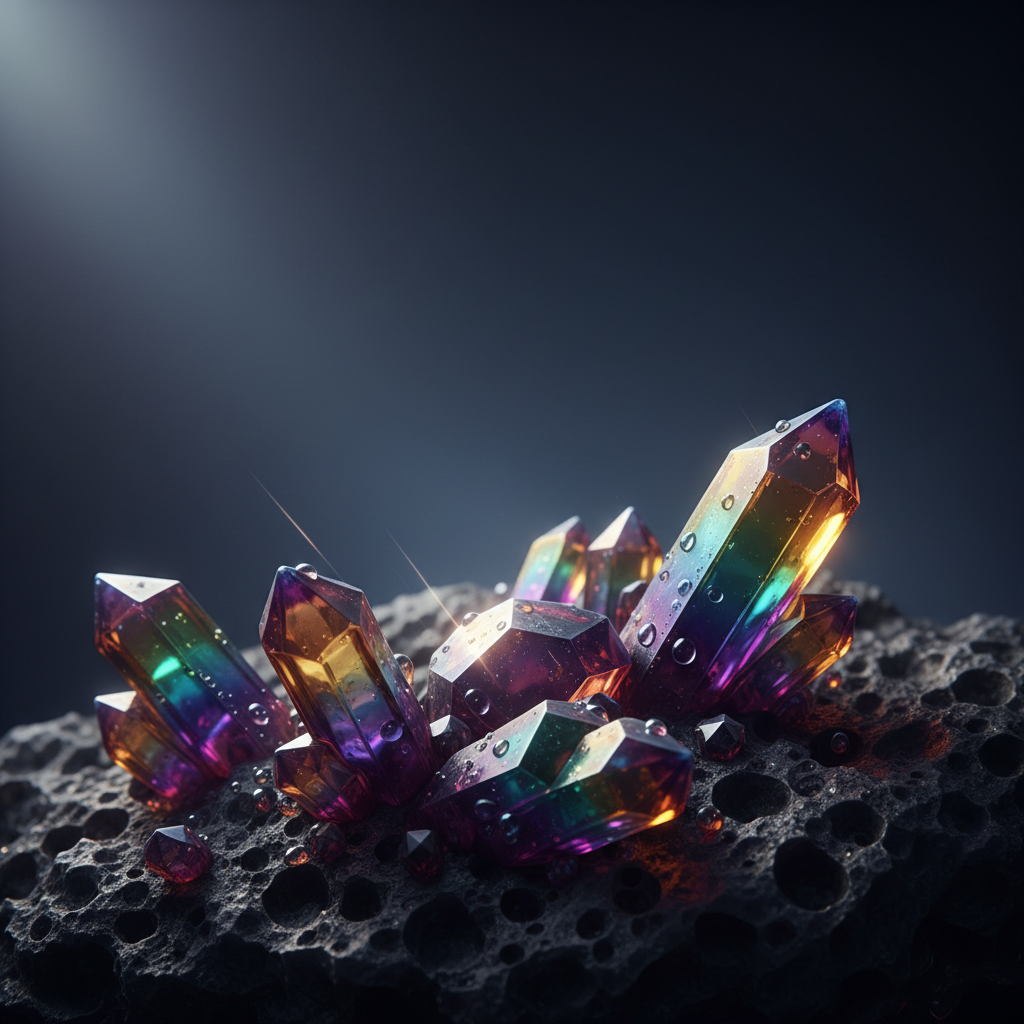 Journal cover artwork of iridescent crystal formations refracting prismatic gold, violet and emerald light on a dark mineral surface