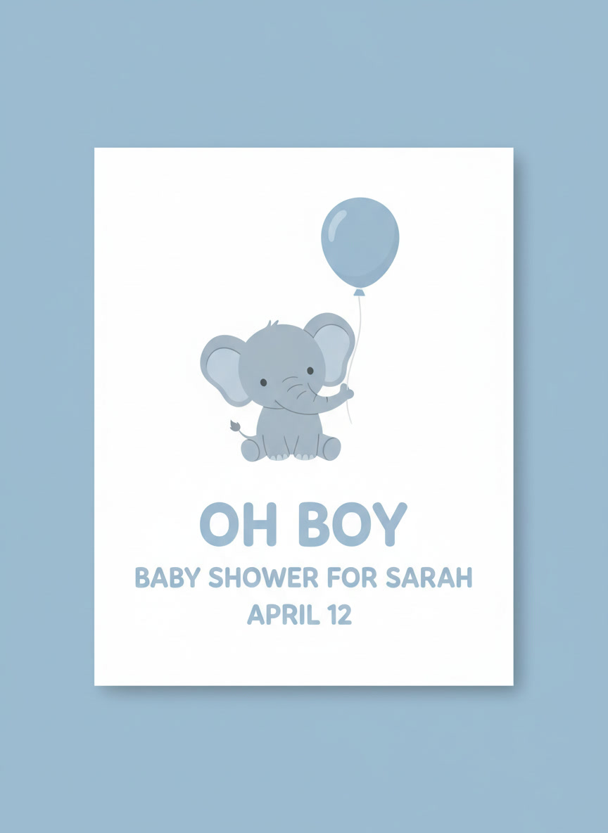 AI baby shower invitation generator example — a powder blue elephant invitation reading OH BOY, BABY SHOWER FOR SARAH and APRIL 12