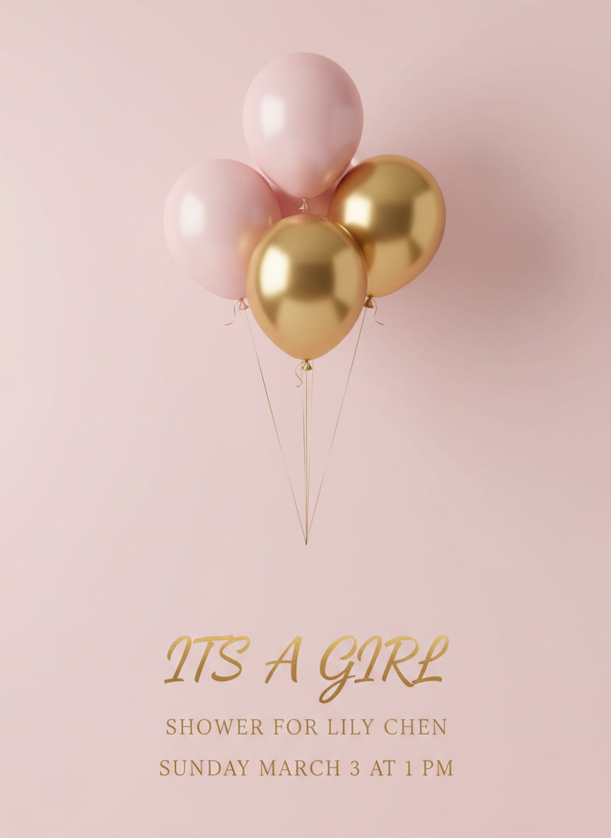 AI baby shower invitation generator example — a blush and gold balloon invitation reading ITS A GIRL, SHOWER FOR LILY CHEN and SUNDAY MARCH 3 AT 1 PM