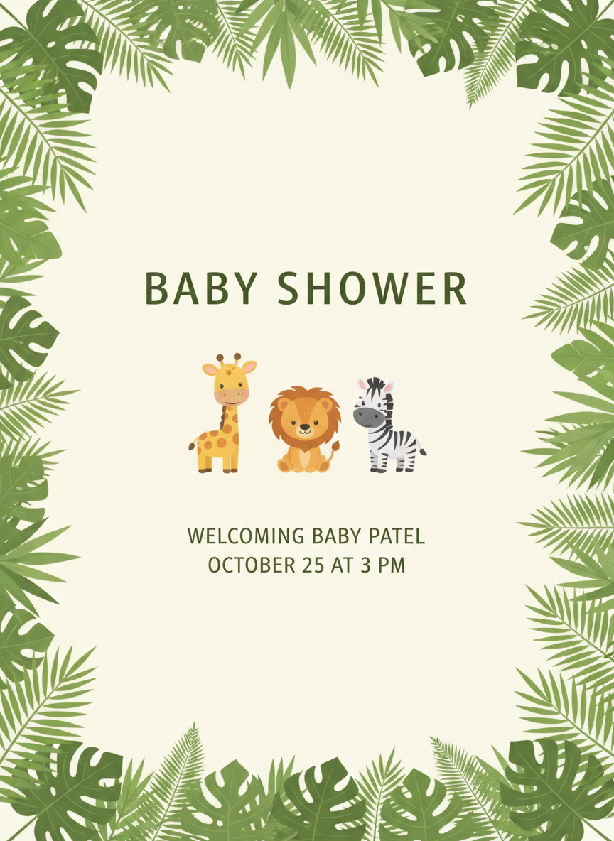 AI baby shower invitation generator example — a safari jungle invitation with a giraffe, lion and zebra reading BABY SHOWER, WELCOMING BABY PATEL and OCTOBER 25 AT 3 PM