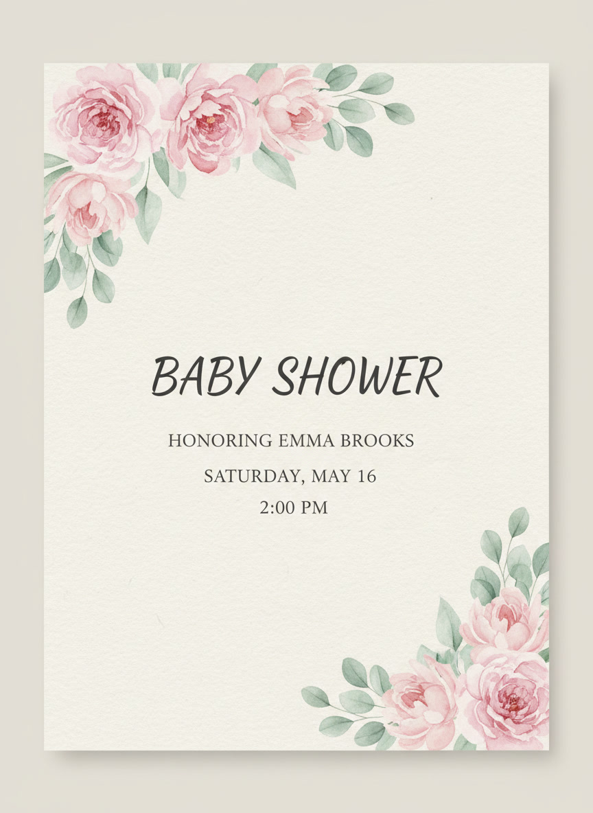 AI baby shower invitation generator example — a watercolour floral invitation reading BABY SHOWER, HONORING EMMA BROOKS, SATURDAY, MAY 16 and 2:00 PM