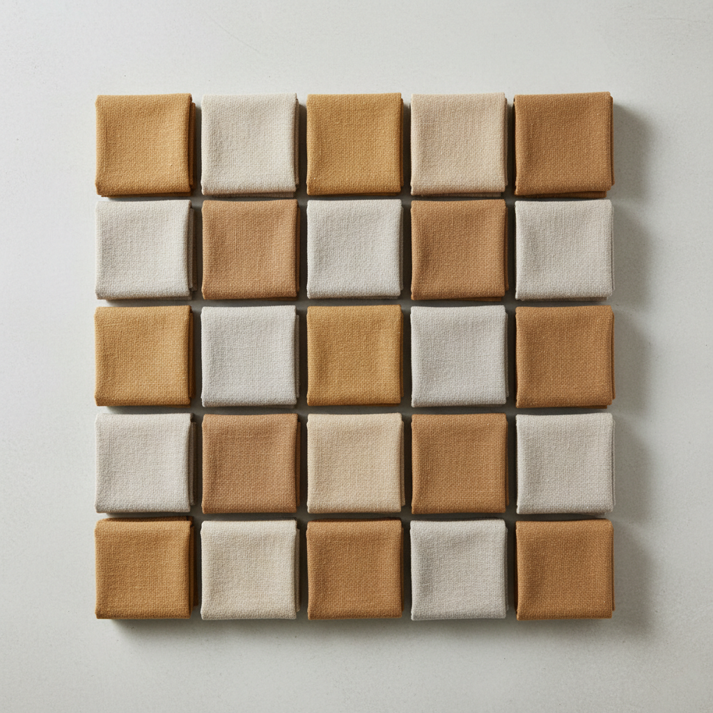 Overhead flat lay of twenty-five folded linen squares alternating amber and cream, arranged in a precise five-by-five grid on a pale grey surface under even diffused light