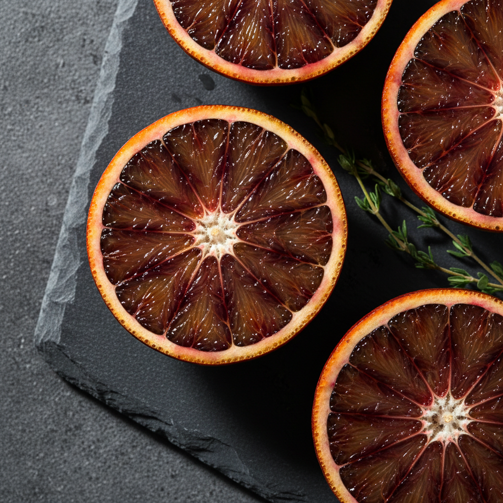 Editorial food photograph of four halved blood oranges on a dark slate board with a sprig of thyme, side lighting picking out the deep red translucent segments
