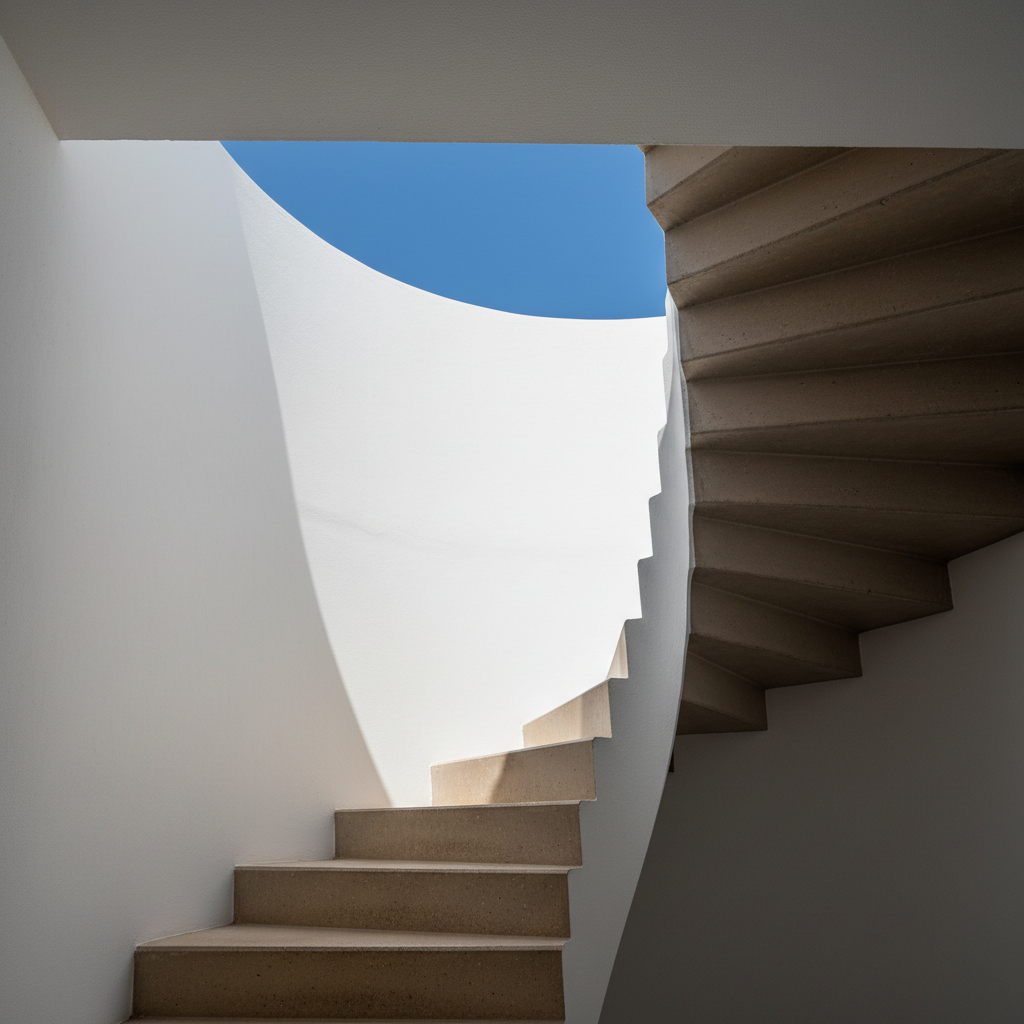 Minimalist architectural photograph of a pale concrete staircase curving upward between white walls, with a sweeping curved opening to a clear blue sky above the top flight