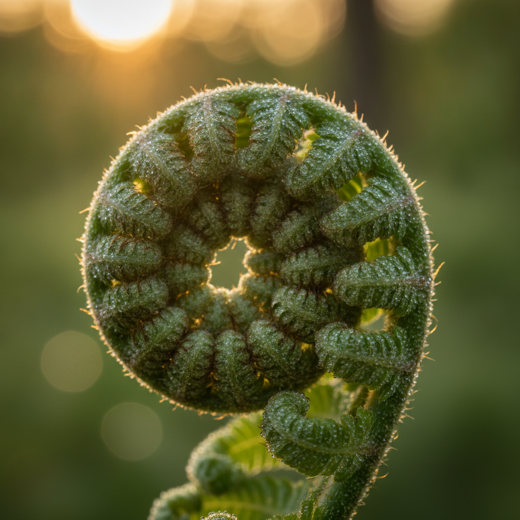 Extreme macro photograph of a tightly curled green fern fiddlehead backlit by low golden sunrise light, every fine hair and leaflet edge resolved against soft forest bokeh