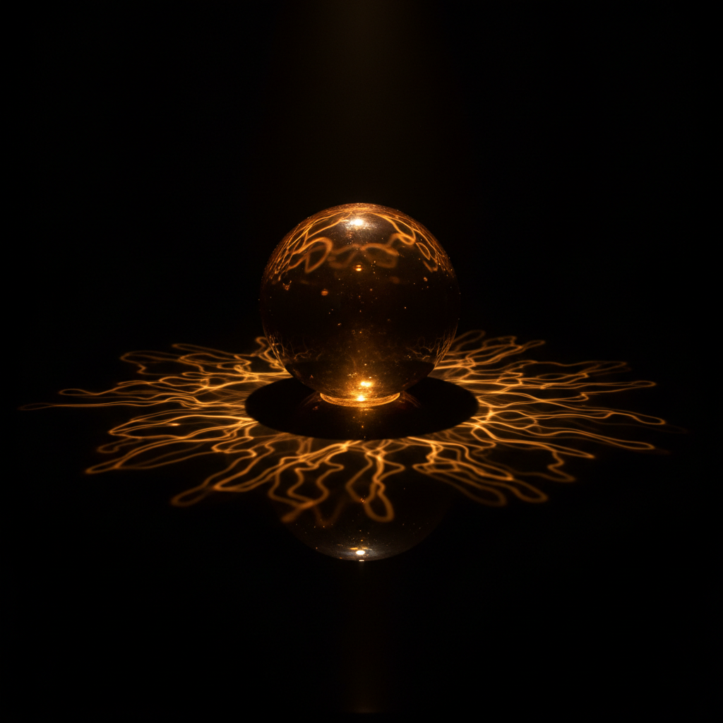 Amber glass sphere on a polished black surface in a dark room, a single hard light refracting through it into a web of golden caustic filaments across the reflective floor