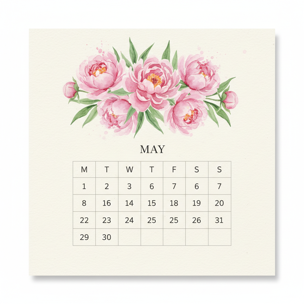 AI calendar generator example — a watercolour peony calendar page for May on textured cream paper