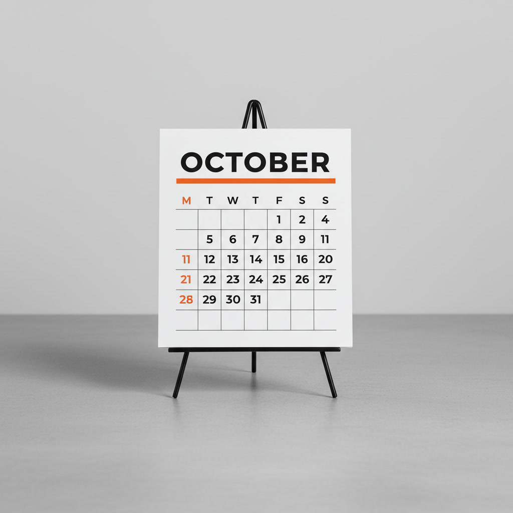 AI calendar generator example — a bold modern October desk calendar card standing on a small black easel