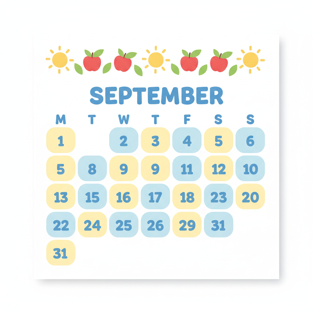 AI calendar generator example — a bright classroom calendar poster for September with pastel rounded date squares