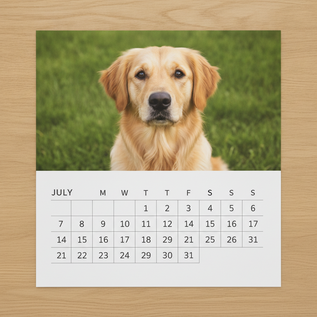 AI calendar generator example — a photo calendar page with a golden retriever above a printed date grid