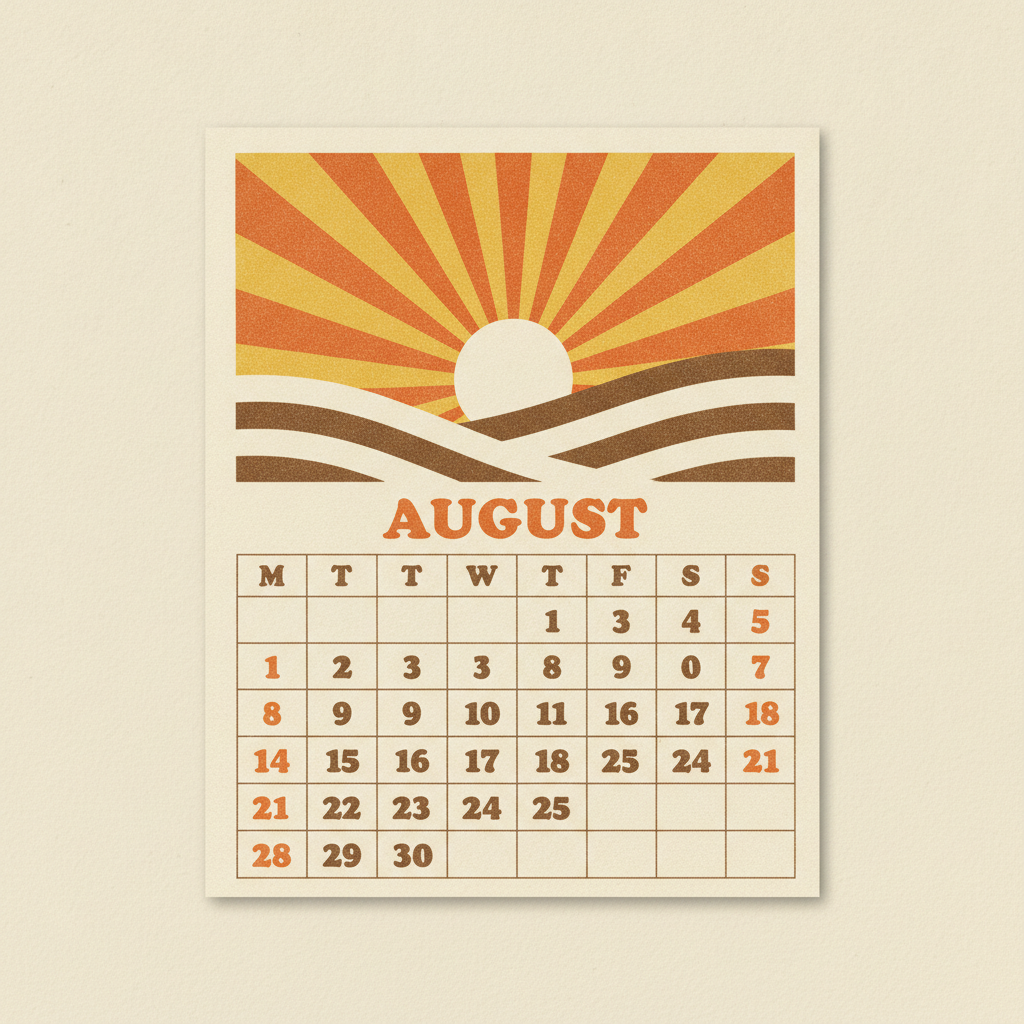 AI calendar generator example — a seventies style retro calendar page for August with a mustard and orange sunburst