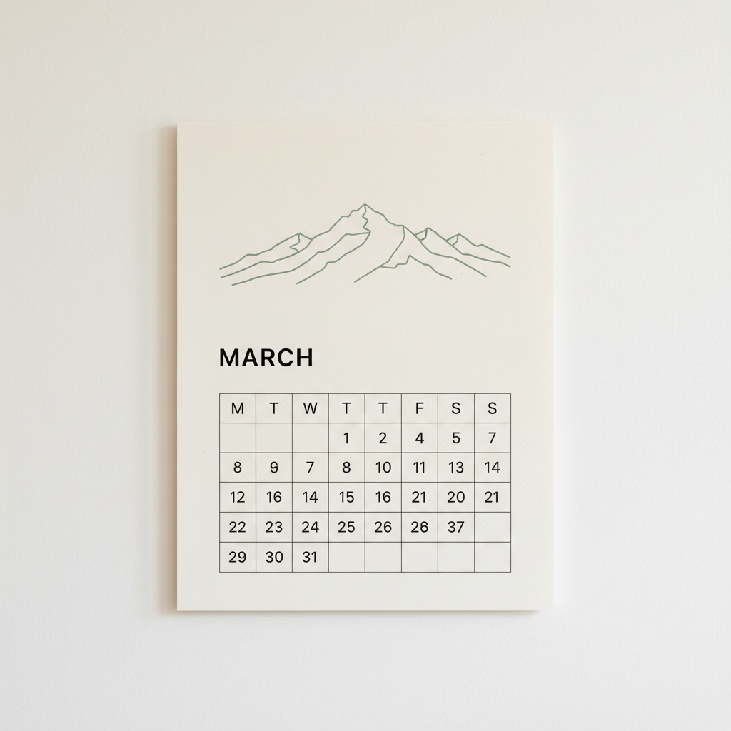 AI calendar generator example — a minimalist wall calendar page with a line drawn mountain range above a March date grid