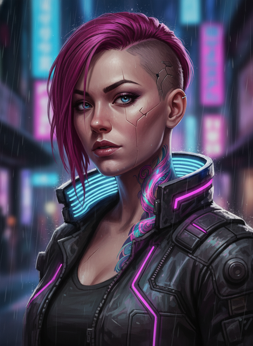 AI character portrait of a cyberpunk female mercenary with magenta hair, chrome cybernetic eye, neon-trimmed jacket and a holographic neck tattoo against a rain-slick neon Tokyo alley