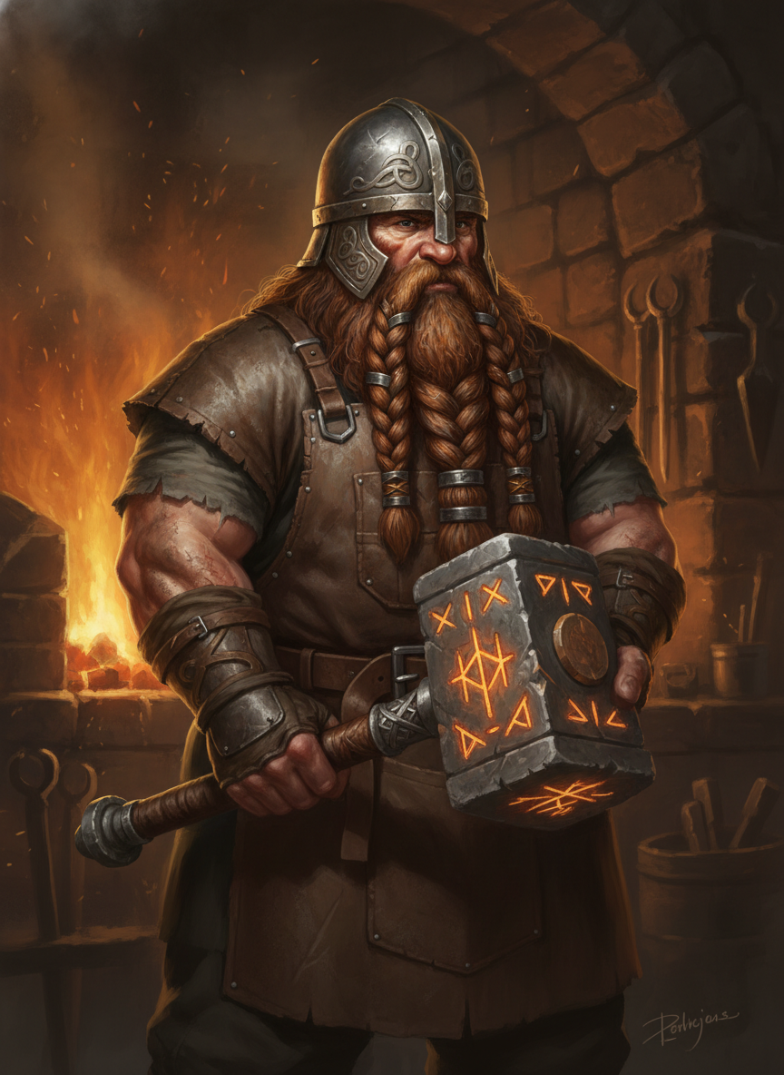 AI character portrait of a dwarven rune-smith with a braided copper beard, leather forge apron and a glowing rune-etched hammer, lit by warm forge fire in a dark stone forge