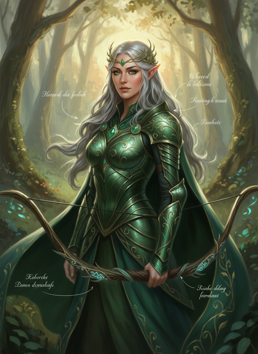 AI character portrait generator output of a regal elven archer queen with silver hair, emerald and gold leaf armor and a glowing rune-etched bow in a sunlit ancient forest