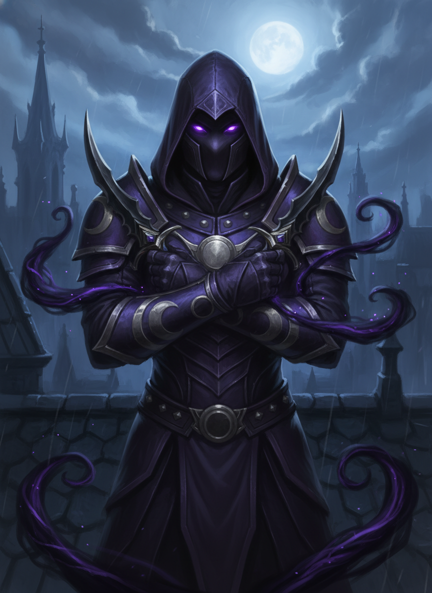 AI character portrait of a hooded shadow rogue assassin with violet leather armor, glowing amethyst eyes and twin obsidian daggers on a moonlit gothic rooftop