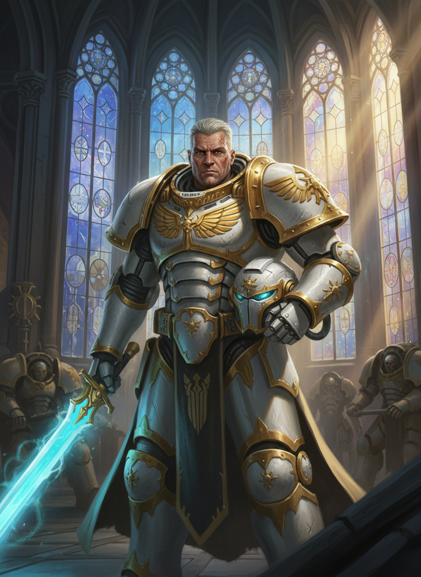 AI character portrait of a noble space knight paladin in gold-trimmed white powered armor holding a glowing blue plasma sword, with stained-glass nebula viewports behind him