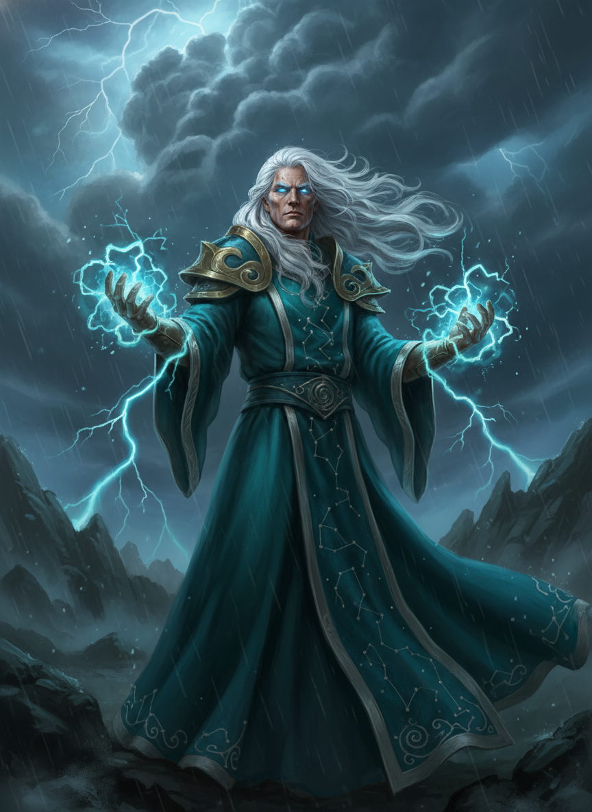 AI character portrait of a storm mage archon in teal constellation robes channelling cyan lightning between his palms on a stormy cliffside under a massive thunderhead