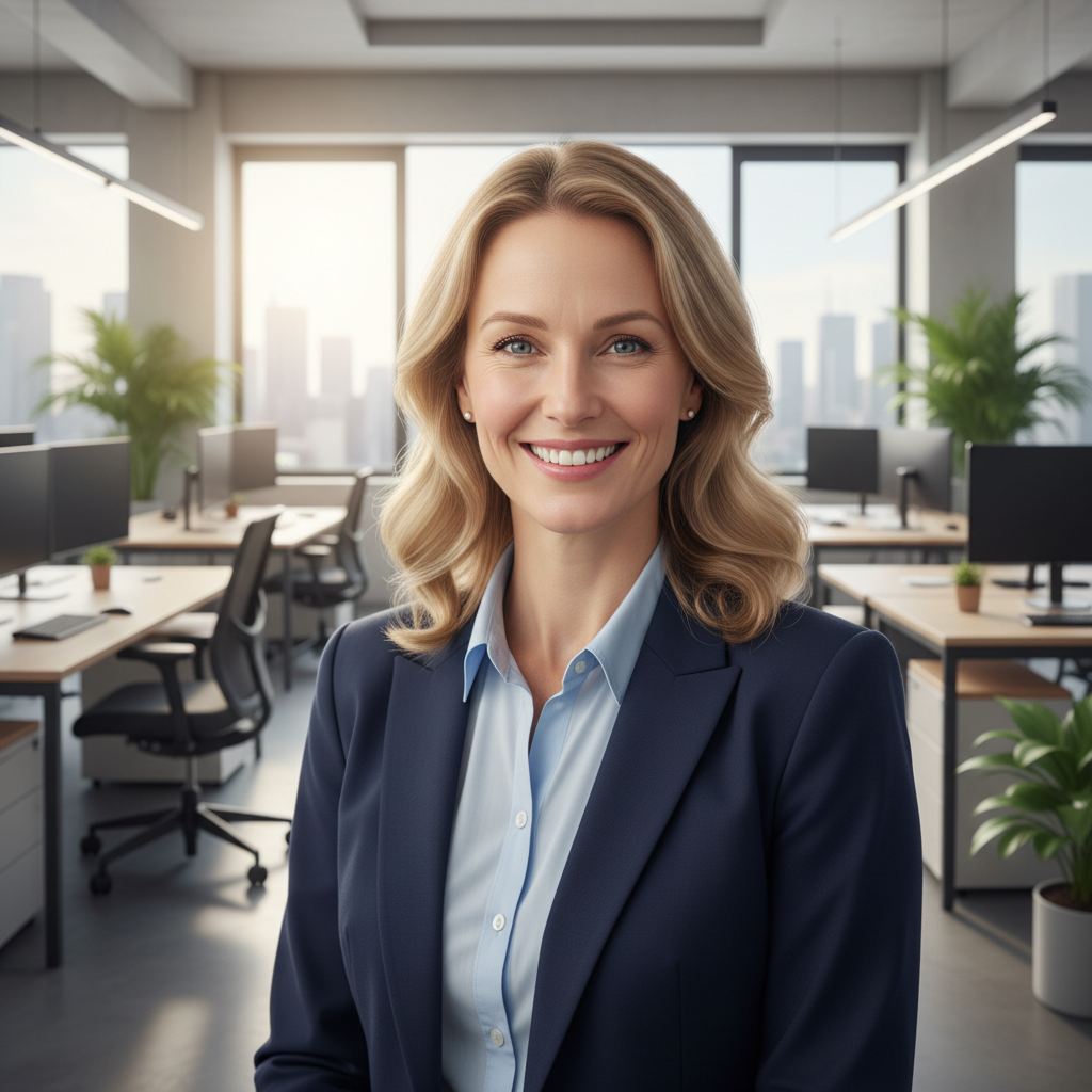 Cloud AI photo tools replacing a portrait background with a modern office scene
