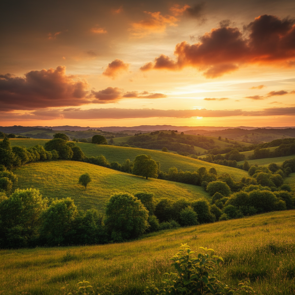 Online AI image editing performing a dramatic golden sunset sky replacement on a landscape