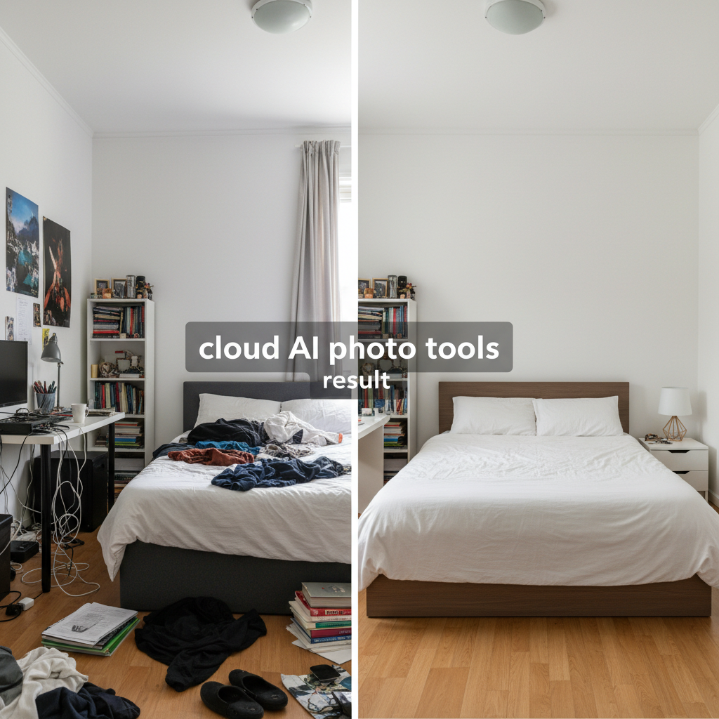 Cloud-based AI image editor removing clutter to create a clean minimalist interior