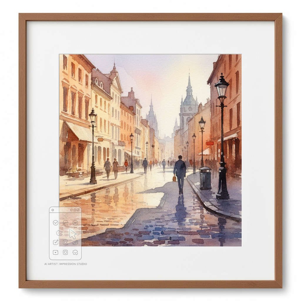 Remote AI image editing applying a soft watercolor style transfer to a city street photo