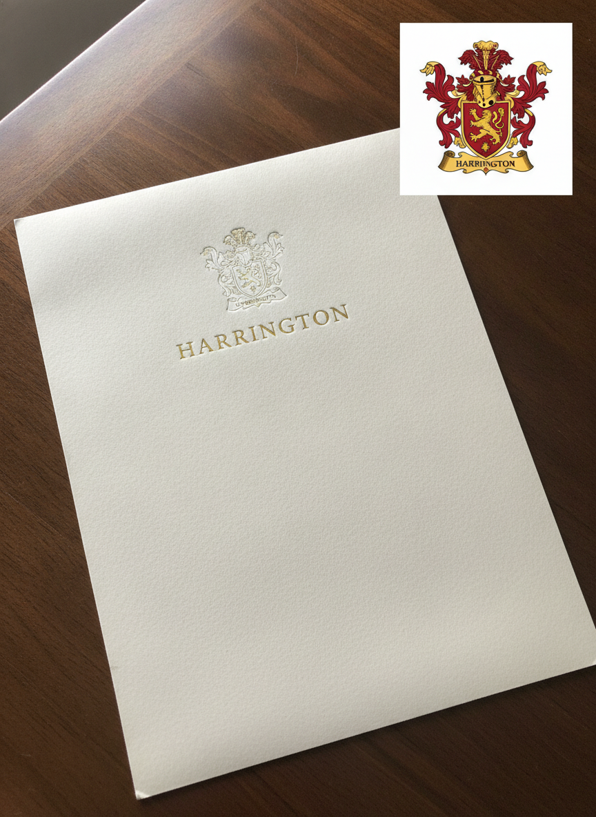 AI family crest maker example — a gold foiled crest embossed on cream cotton letterhead above a letterspaced serif surname