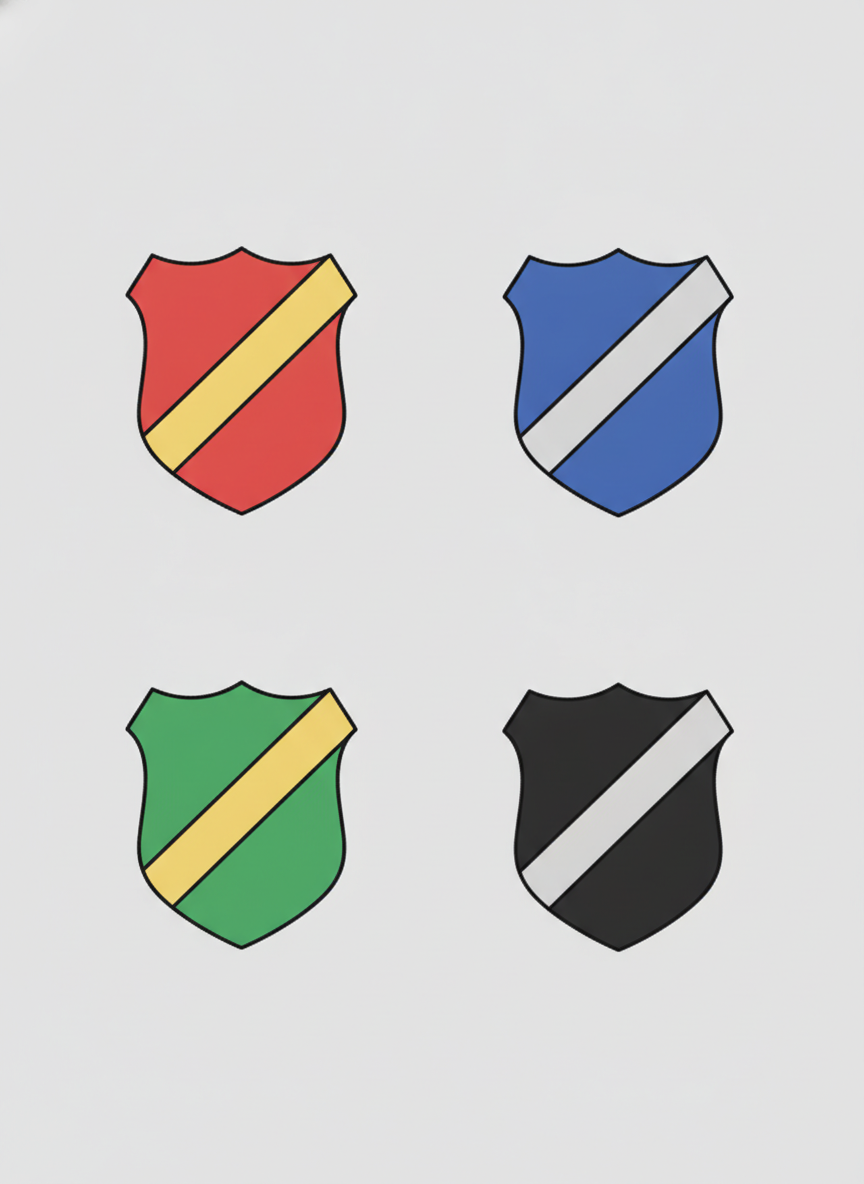 Heraldry generator example — four small shields in a two by two grid, each with a diagonal band in red, blue, green and black