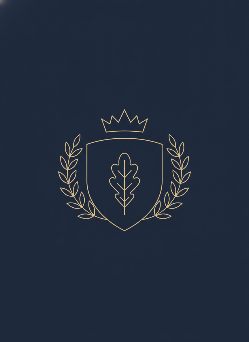 AI coat of arms generator example — a minimal thin gold monoline family crest with an oak leaf, a coronet and laurel branches on deep navy