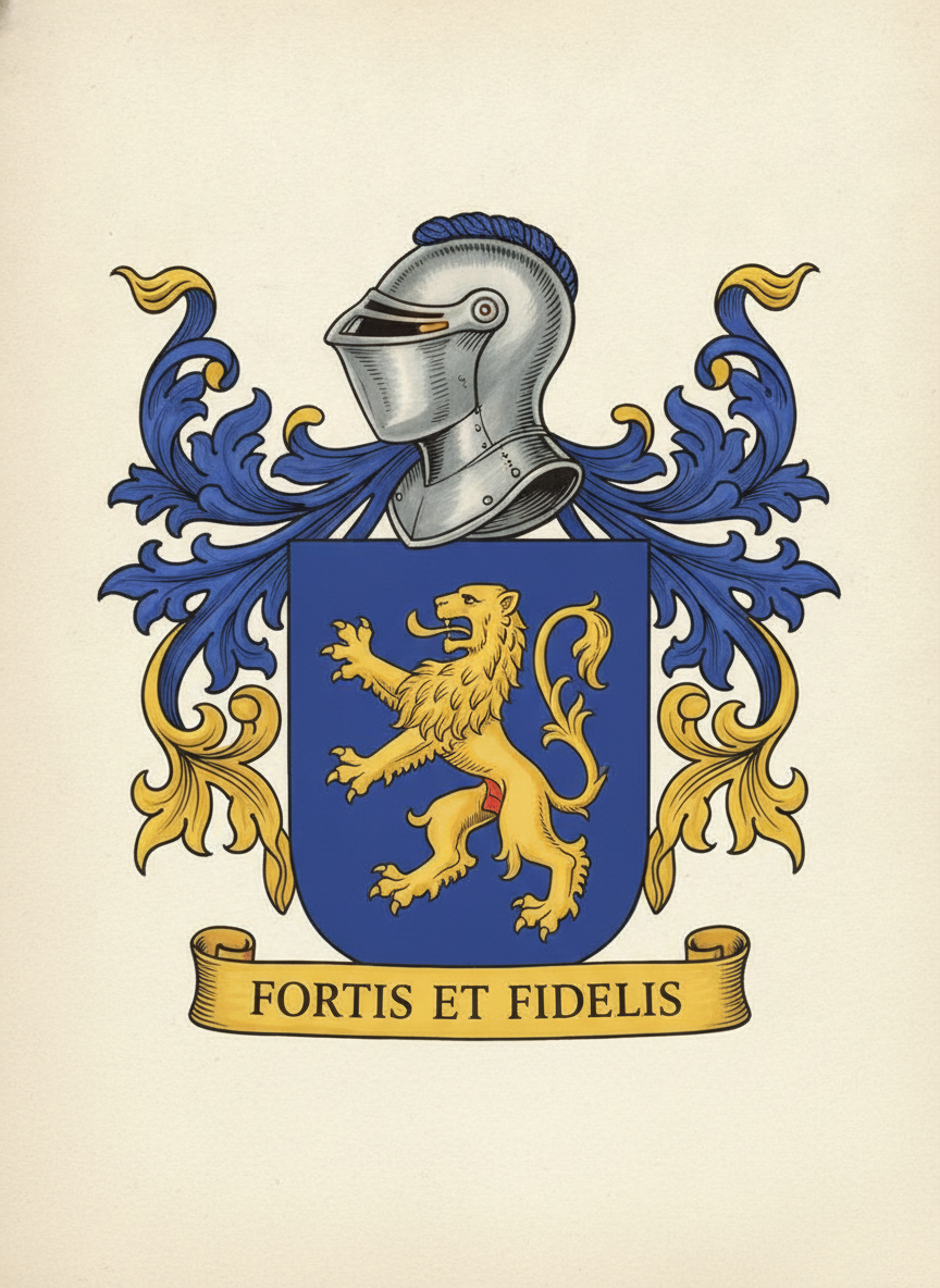 AI coat of arms generator example — a full heraldic achievement with a blue and gold shield, a steel helm, blue and gold mantling and a motto scroll