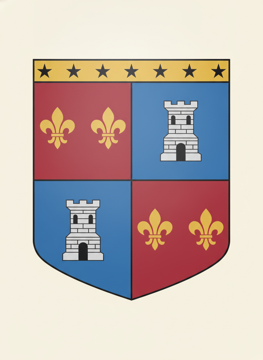 AI family crest generator example — a quartered heraldic shield in red and blue with gold fleurs-de-lis, silver castle towers and a starred chief